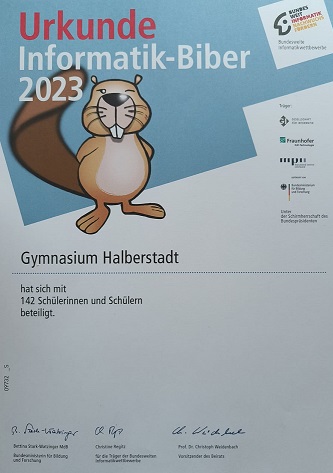 Die Urkunde zum Wettbewerb Informatik-Biber, welche für 142 Schüler/-innen verliehen wurde.